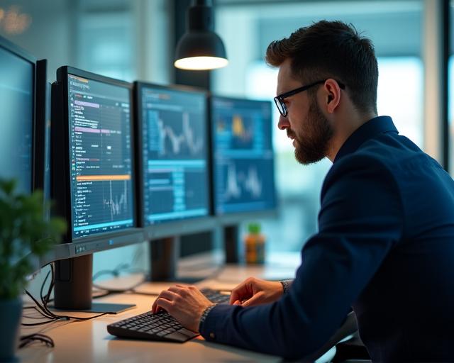 Professionele economische analist aan het werk in een moderne kantooromgeving